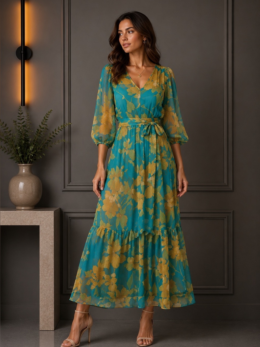 Calvin Klein Tropical-Print Chiffon Maxi Dress NWT B628